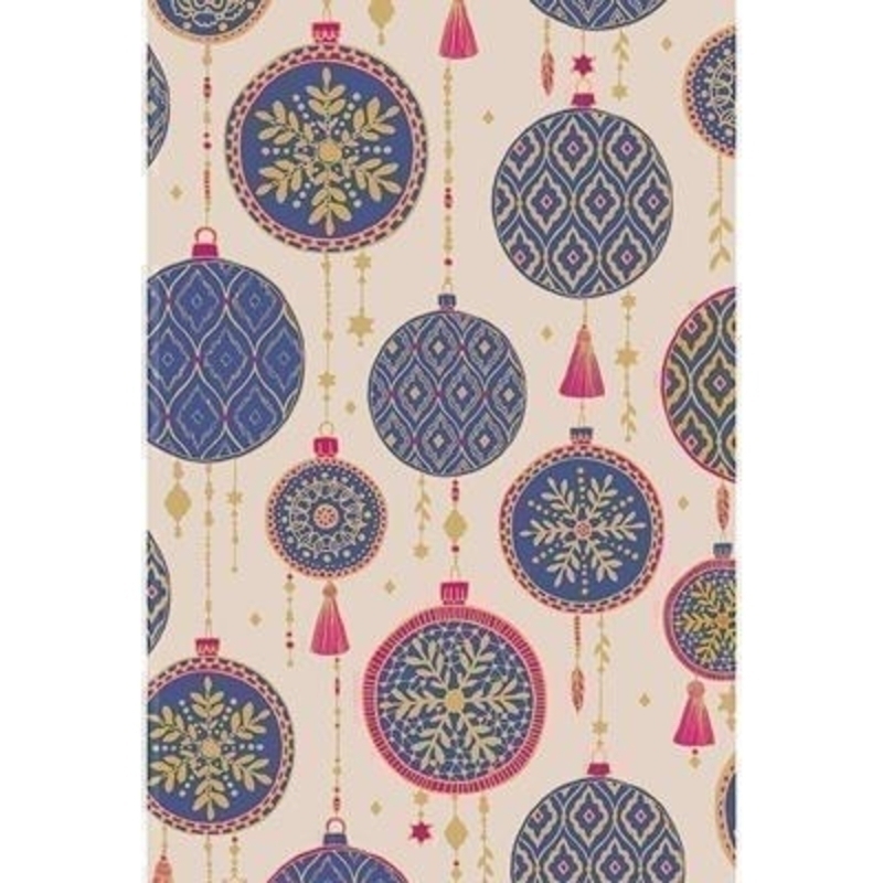 Beautiful wrapping paper decorated with bohemian style print depicting Christmas baubles in a deep purple on a neutral background with gold and pink highlights. With hot foil stamping. Approx size 70cm x 2m